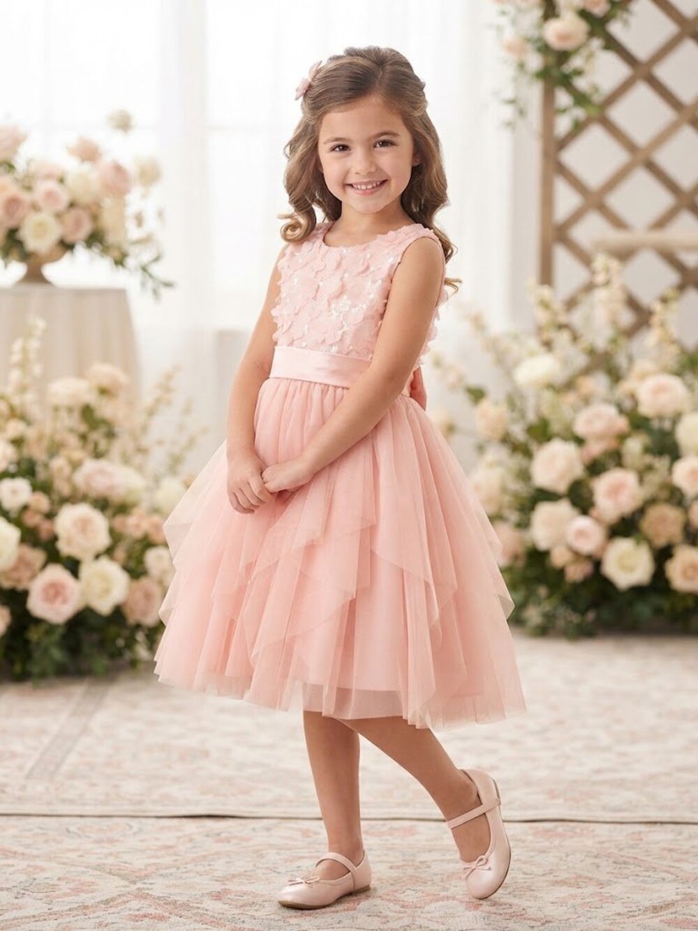 Bonnie Jean Pink Sequin & Floral Tulle Party Dress Size 10